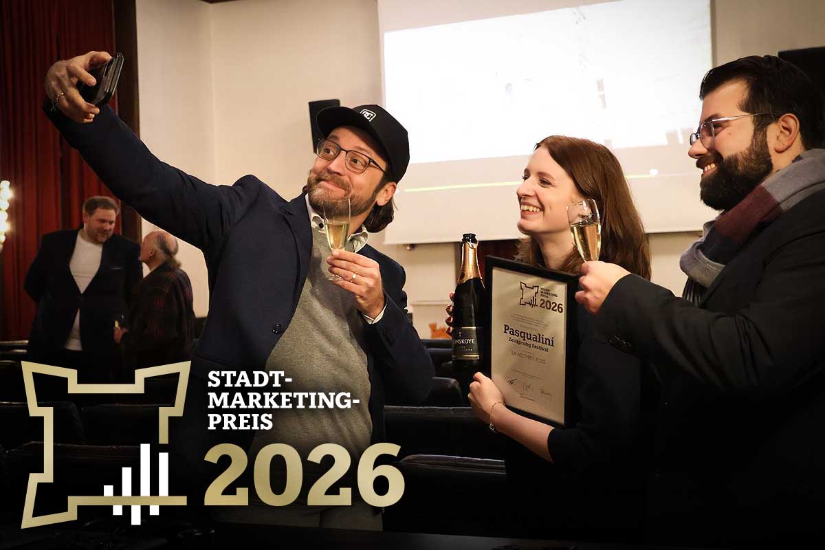 Stadtmarketingpreis 2026 für Standortmarketing in Jülich für das Pasqualini-Zeitsprung-Festival, stellvertretend LA MECHKY PLUS, Hacky Hackhausen, Anna Rohowsky, Roberto Blume
